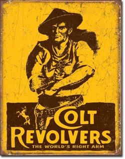 Metalowy szyld plakat reklamowy blacha tin sign USA Rewolwery Colt prawa ręka świata Prezent